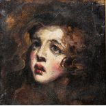 English School 19th century, (Manner of Romney) head of a boy, oil on card, 24cm x 23cm.