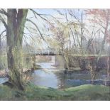 Askew, landscape, Teddington Lock, oil on canvas 49cm x 59cm .