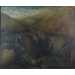 19th century Scottish school stag hunt, oil on board, unsigned, 62 cms x 73 cms.
