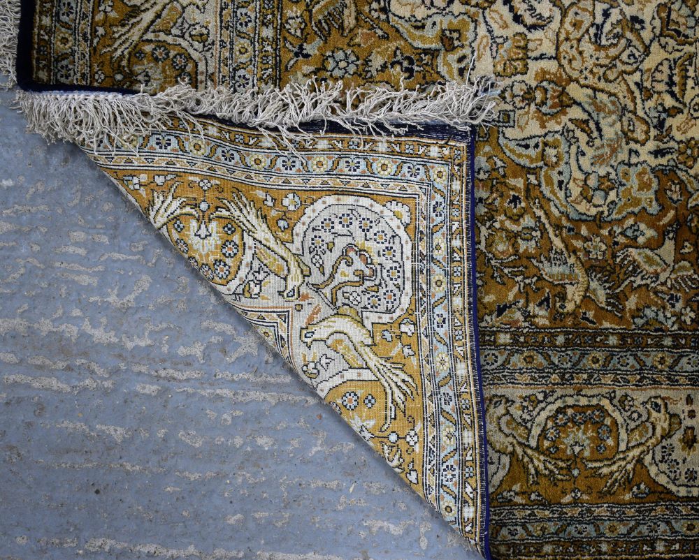 Persian blue ground silk rug , with a main blue border, the centre with repeating foliate forms - Image 4 of 4