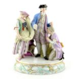 Meissen porcelain figure group of a man in a tricorn hat with dog at his feet and a man and woman