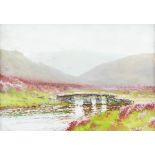 R D Sherrin, highland landscape with stream and bridge, signed, gouache, 24cm x 34.5cm,.