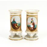 Pair of 19th century spill vases central cartouche painted with figures (14cm) and a similar pair