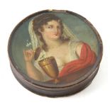 Stobwasser style papier mache round snuff box painted with a depiction of Pandora in classical dress