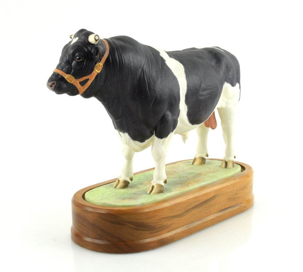 Royal Worcester porcelain Friesian Bull modelled by Doris Lindner 1964 with a wooden plinth 16cm x - Image 3 of 5