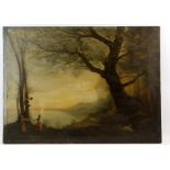 19th century continental landscape scene with three figures, one climbing a tree and animals by a
