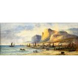 L Lewis, English School, 20th century, beach scene with boats, figures and cliffs, signed and