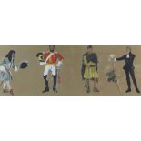 Set of five early to mid 20th century costume designs, unsigned watercolours, each 23cm x 62cm .
