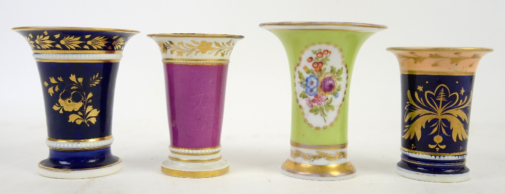 A 19th century spill vase with a blue ground central cartouche painted with flowers (10cm) and three - Image 2 of 2