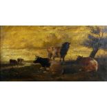 Manner of Thomas Sidney Cooper, Cattle by a river, oil on canvas, 29cm x 55cm.