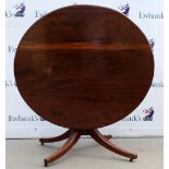 19th century mahogany round tilt top breakfast table on column support and splayed legs, diameter