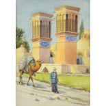 Misha Shahbazian (Iranian, 1904-1976), Wind Towers, Kernan, Iran. Watercolour on card, signed