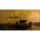 Manner of Thomas Sidney Cooper, Cattle by a river, oil on canvas, 29cm x 55cm.