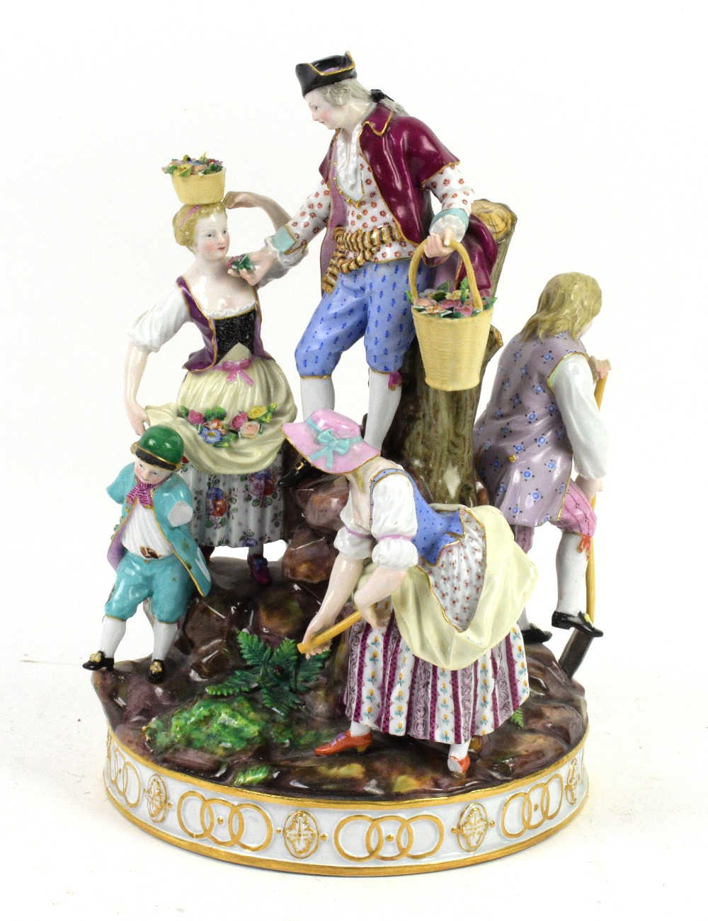 Meissen porcelain figural group of man, women and child digging and gathering flowers on a rocky - Image 5 of 6