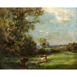 Owen Bowen (1873-1967), landscape with cattle, signed oil on canvas, Gallery label verso, 42cm