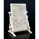 A European ivory table screen carved with a standing girl beside farmyard fowl and other birds, 10.5