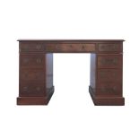 19th century mahogany pedestal desk of nine drawer configuration on plinth bases, 76cm x 120cm .