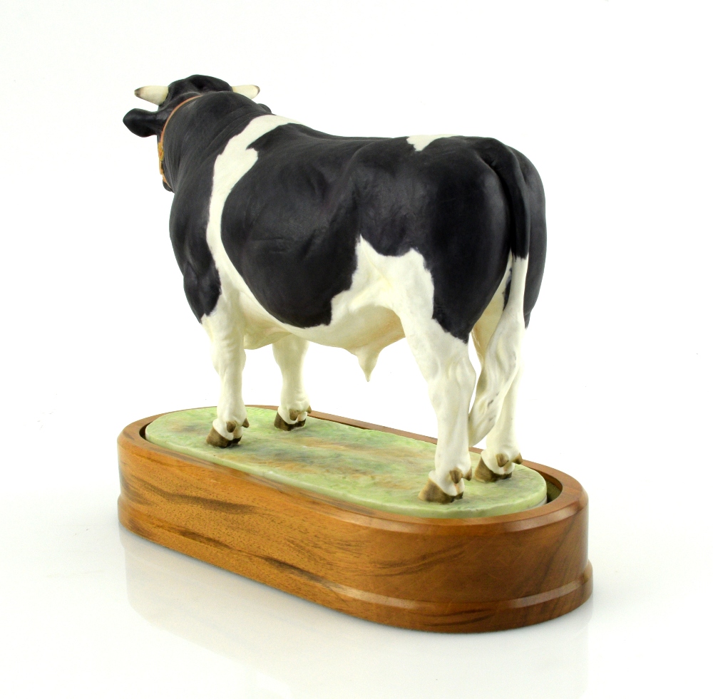 Royal Worcester porcelain Friesian Bull modelled by Doris Lindner 1964 with a wooden plinth 16cm x - Image 5 of 5