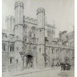 Hanslip Fletcher, British 1874-1955, study of a college gate, pen and ink, signed, 49cm x 46cm,.