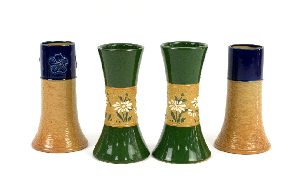 Pair of Royal Doulton spill vases with blue rims (15cm) and two similar pairs. Provenance part of