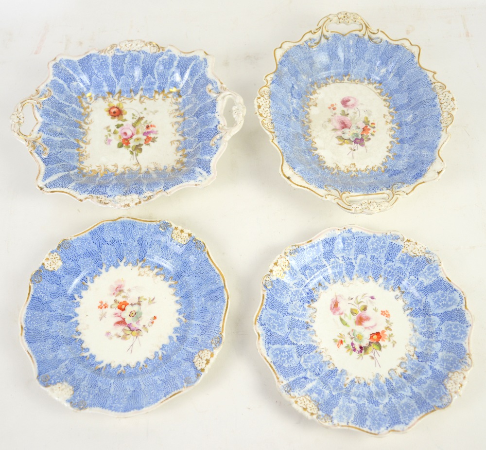 19th century Staffordshire part dessert service with blue borders, the centres painted with