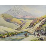 Misha Shahbazian (Iranian, 1904-1976). Mountainscape with figures on horseback. Watercolour on card,
