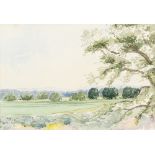 Sir Edward du Quesue two watercolour landscapes , handwritten labels verso, 17cm x 34cm each .
