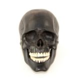 German school, late 19th century skull, ebony with bone teeth, 9cm high. Splits and cracks as