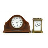 J C Vickery brass and glass carriage clock, 12cm, and a mahogany mantel clock by Grant and Son
