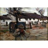 Fred Mayor (1865-1916), Village scene with a figure in the foreground, with white cottages behind,