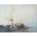 Hubert Coop, British 1872-1953, Dutch canal scene with figures and a windmill, signed,