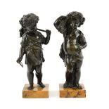 19th century pair of bronze figures The Seasons, on marble bases, 22cm high overall..