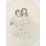 English School 19th Century portrait of two sisters seated on a sofa, pencil and watercolour,