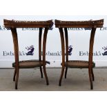 Pair of 19th century mahogany two tier oval tables with galleried tops, painted floral decoration on