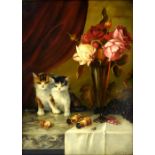 Edith F Grey (British, circa 1855-1933), kittens at play, oil on panel, signed, 40cm x 30cm.