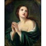 19th century portrait of a woman at prayer, wearing a green shawl, unsigned oil on canvas, 52cm x