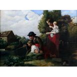 19th century English School, children fishing by a mill, oil on canvas unsigned 28cm x 38cm .