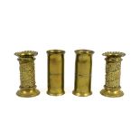 Pair of early 20th century trench art spill vases (12cm) and three other pairs of brass spill