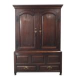 18th/19th century oak cupboard with panelled doors over two short drawers on shaped feet with carved