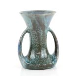 Pilkington Lancastrian twin handled vase with turquoise over mocha glaze, marks unclear, mould