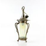 lantern with vaseline glass shade, brass and silvered metal, height 50 cm . Good patina. No obvious