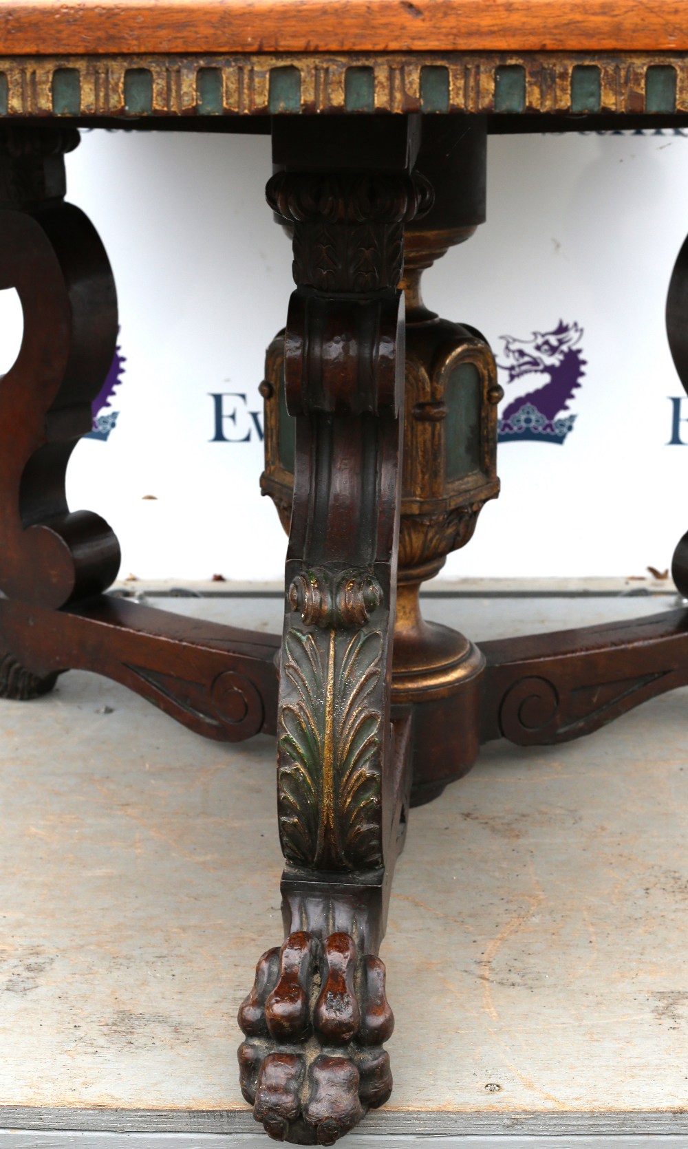 19th Century Gothic Revival octagonal table, with polychrome frieze and column, united by cross - Image 4 of 4