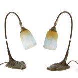 A Pair of table lamps with Daum lampshades in white with yellow and pale blue, acid etched Daum with