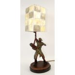 Art Deco patinated spelter group of a dancing couple as a lamp base, 27cm on marble base.