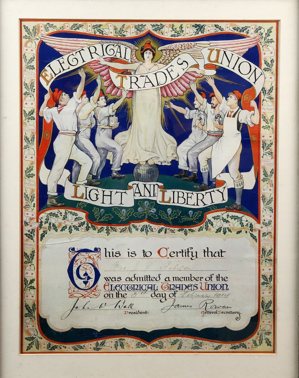 Walter Crane (British, 1845-1915) ‘Light and Liberty’. Certificate issued to Bro. J P Gibson by