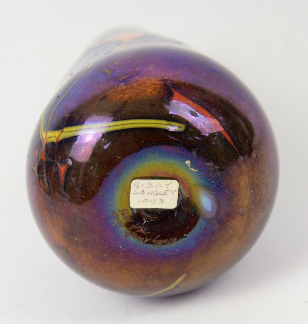 Siddy Langley Glass - Tapering bud vase with iridescent purple ground highlighted in red and gold, - Image 2 of 2