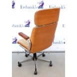 Mid 20th C office chair, with moulded plywood back with leather arm pads, covered in tweed fabric,