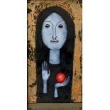 Two framed enamelled metal plaques, one of a girl holding apple, one of a cloaked person, Eastern