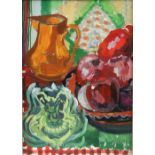 Mary Wondrausch, still life, jug with fruit and vegetables, signed and with personal inscription
