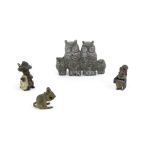 Small bronze figures, Beatrix Potter Benjamin Bunny, Squirrel Nutkin, and a mouse, with a group of